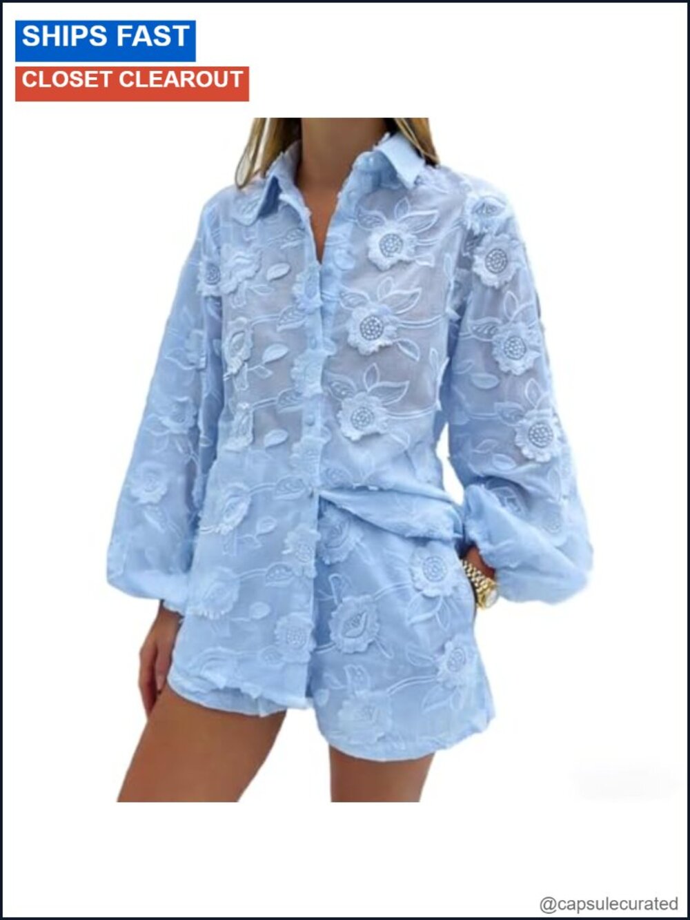 Women's Two Piece Outfit Long Sleeve Lace Blouse & Shorts Set
